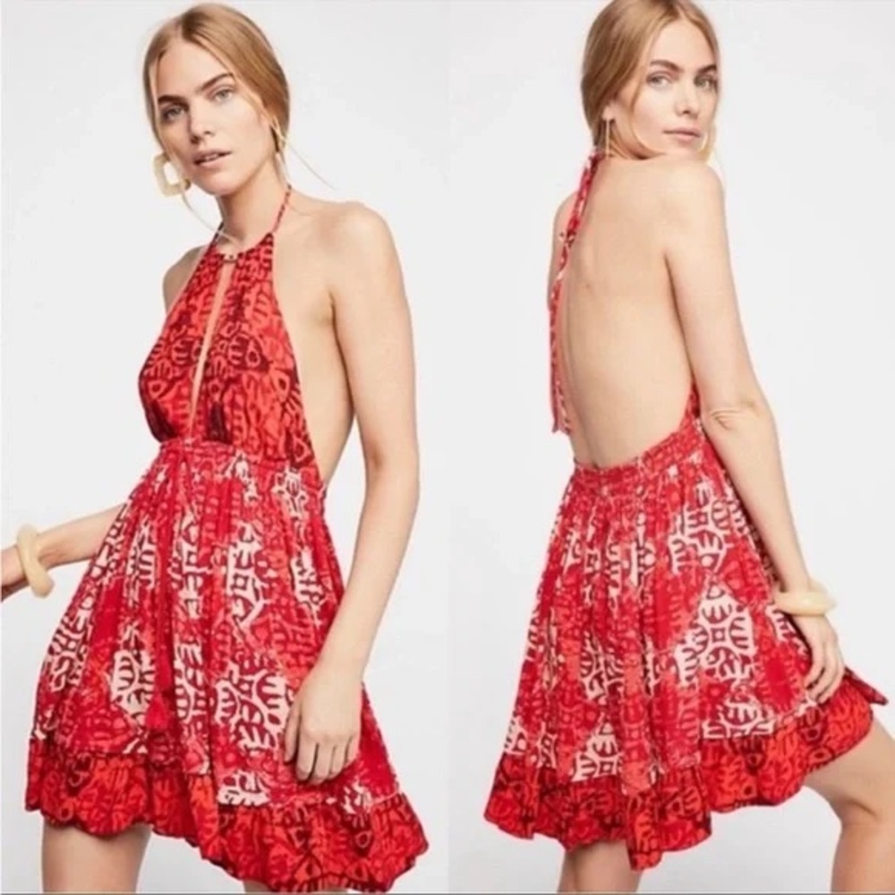 Free People (Anthropologie) Beach Day Red Halter Mini Dress, Size Large